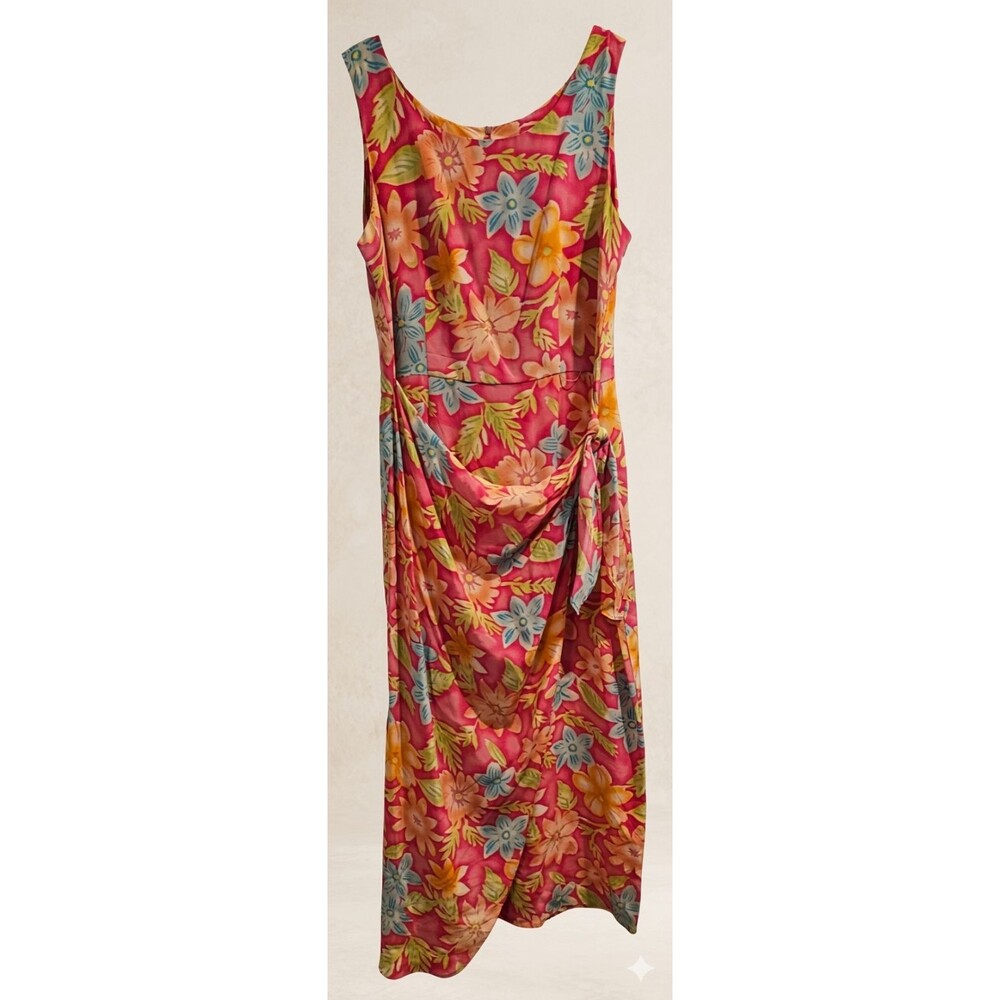 Robbie Bee 100% Silk Dress Women’s 14 Floral Pink Sleeveless Draped Side Tie